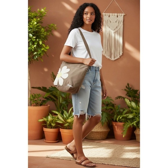 ALOHA Collection Handbags - Life is Good Tote Bag Brown Medium Floral Daisy Applique Reusable Shopper boho